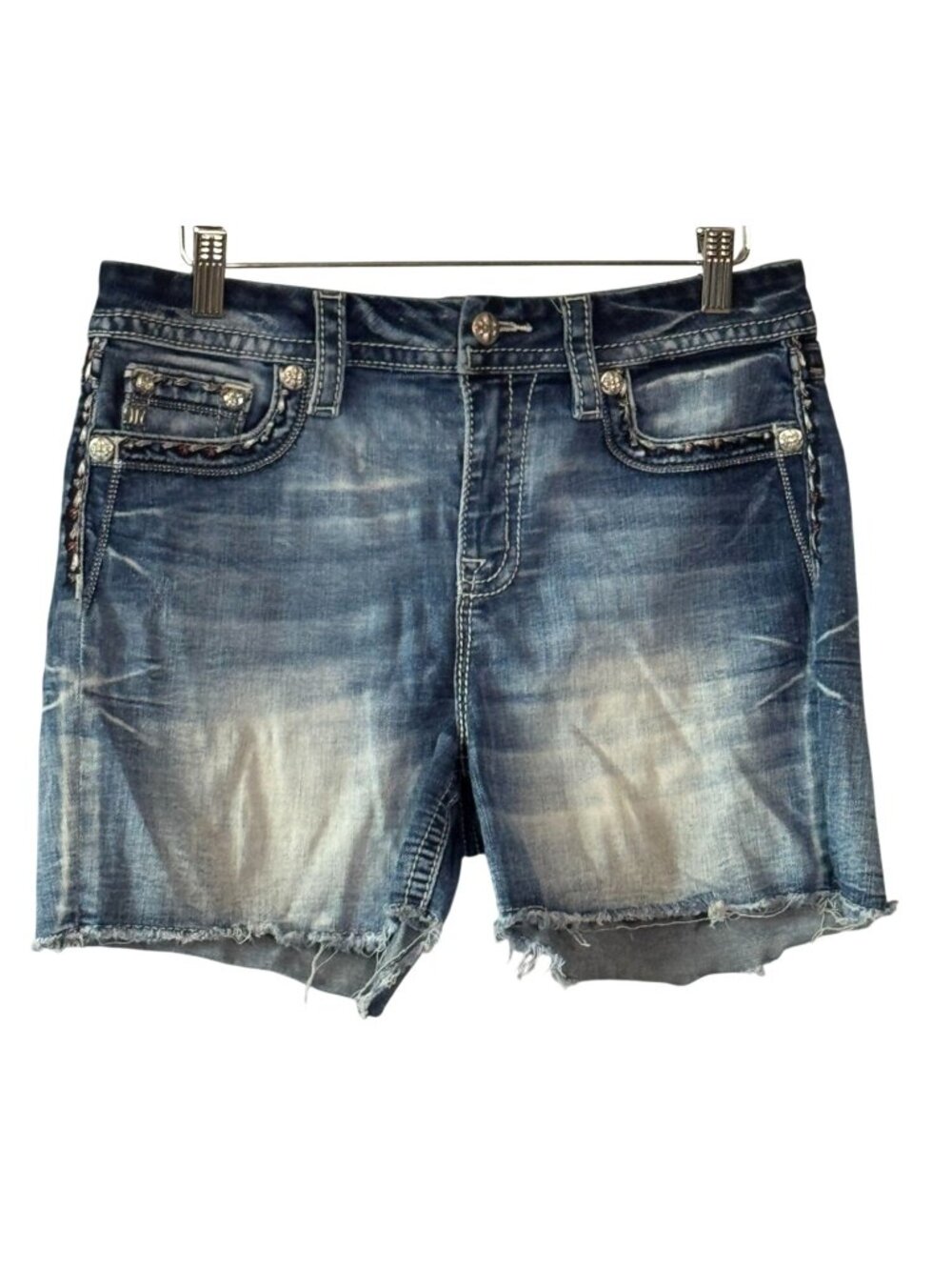 Miss Me Womens Curvy Denim Shorts Distressed Wash Western Style - Size 29 Excell